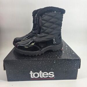 Totes Kallie Black Quilted Waterproof Winter Boots‎ Faux Fur Trim Size 7 M